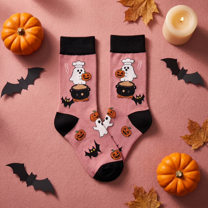 EMMA Kummitus Halloween crew socks in pink with ghost chef and pumpkin motifs, styled with pumpkins, paper bats and a candle