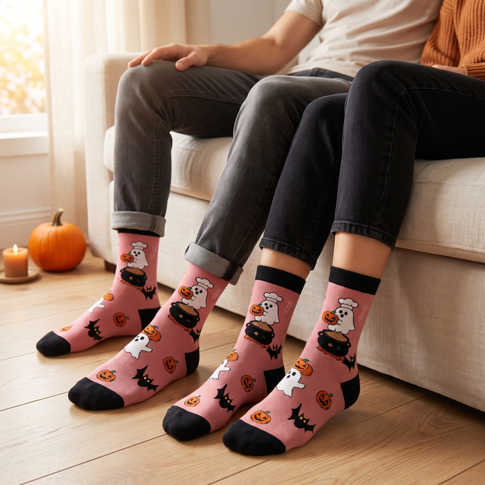 A man and a woman sitting on a sofa wearing EMMA Kummitus pink Halloween crew socks with ghost chef and pumpkin motifs