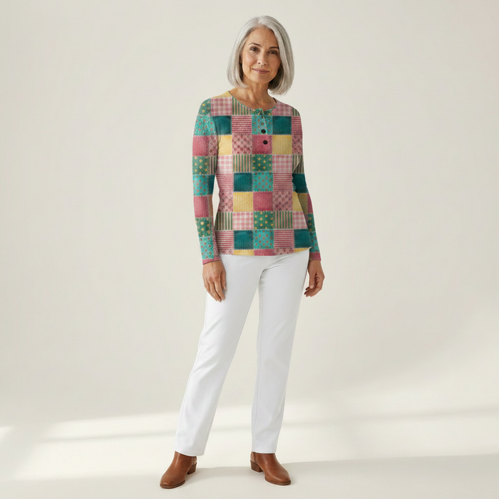 Laila - Patchwork Check Waffle Henley