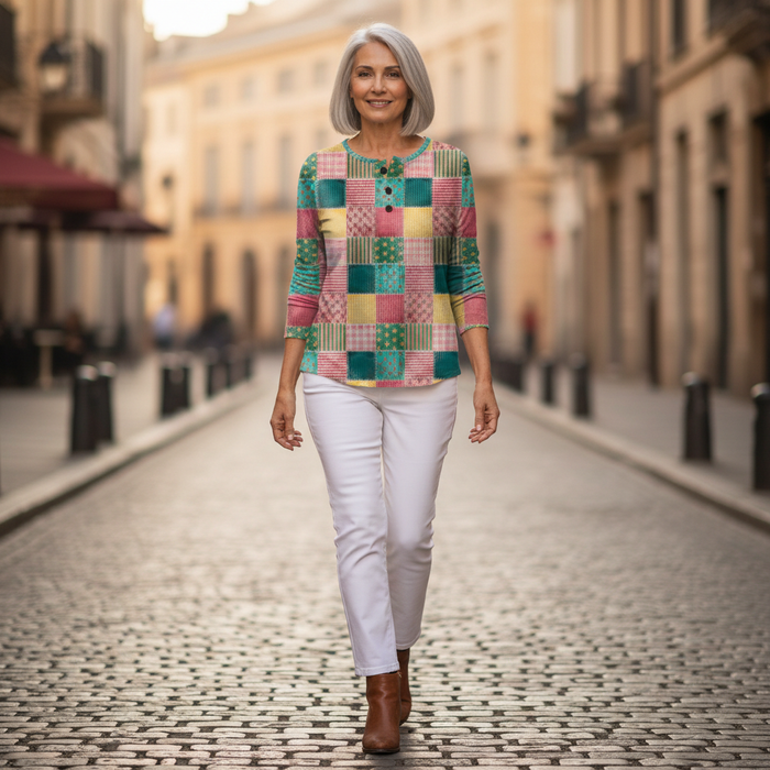 Laila - Patchwork Check Waffle Henley