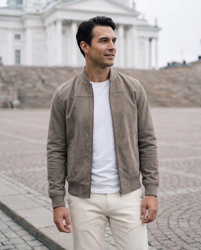 Taupe suede bomber jacket worn at Senate Square in Helsinki