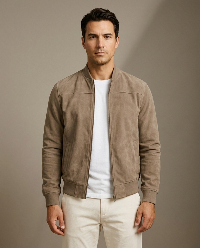 Taupe suede bomber jacket with ribbed collar, cuffs and hem