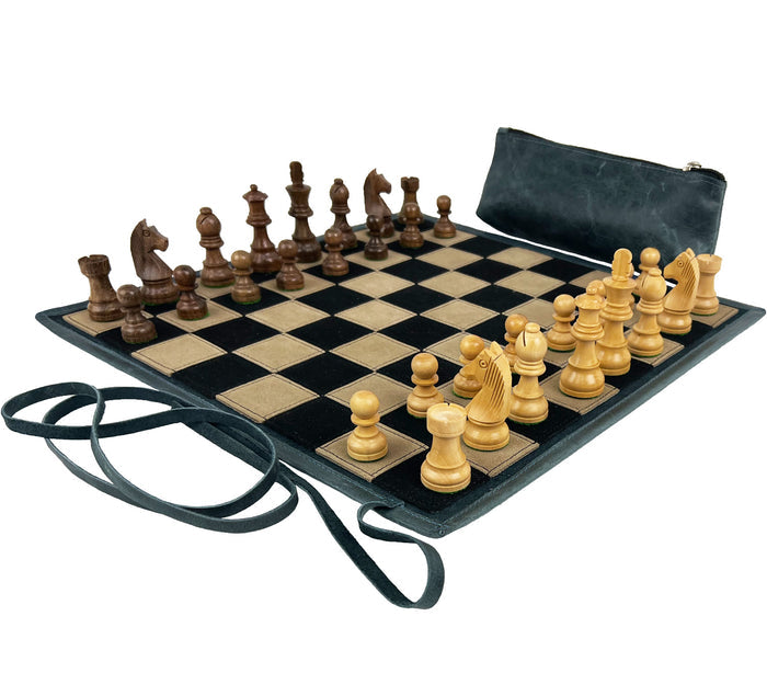 Leather Roll-Up Chess | Wooden Pieces | Travel