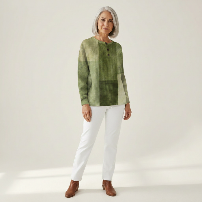 Leena - Green Colour-Block Waffle Henley
