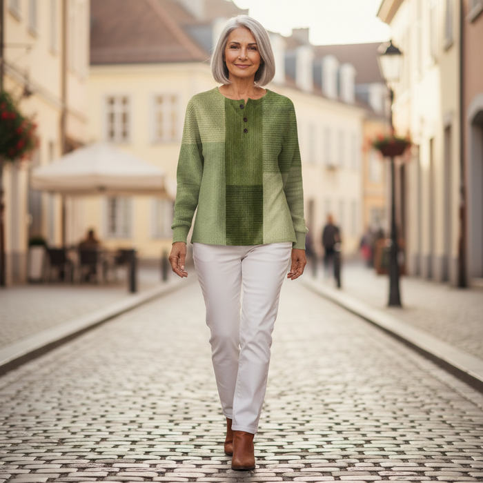 Leena - Green Colour-Block Waffle Henley