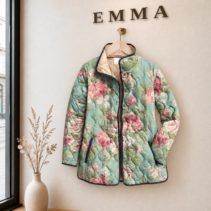 EMMA Leila quilted jacket in mint green large floral print, on a hanger in the EMMA boutique