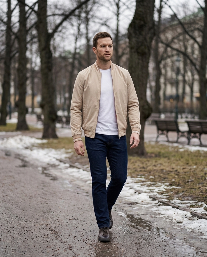 Beige nylon bomber jacket worn on the Esplanadi in Helsinki