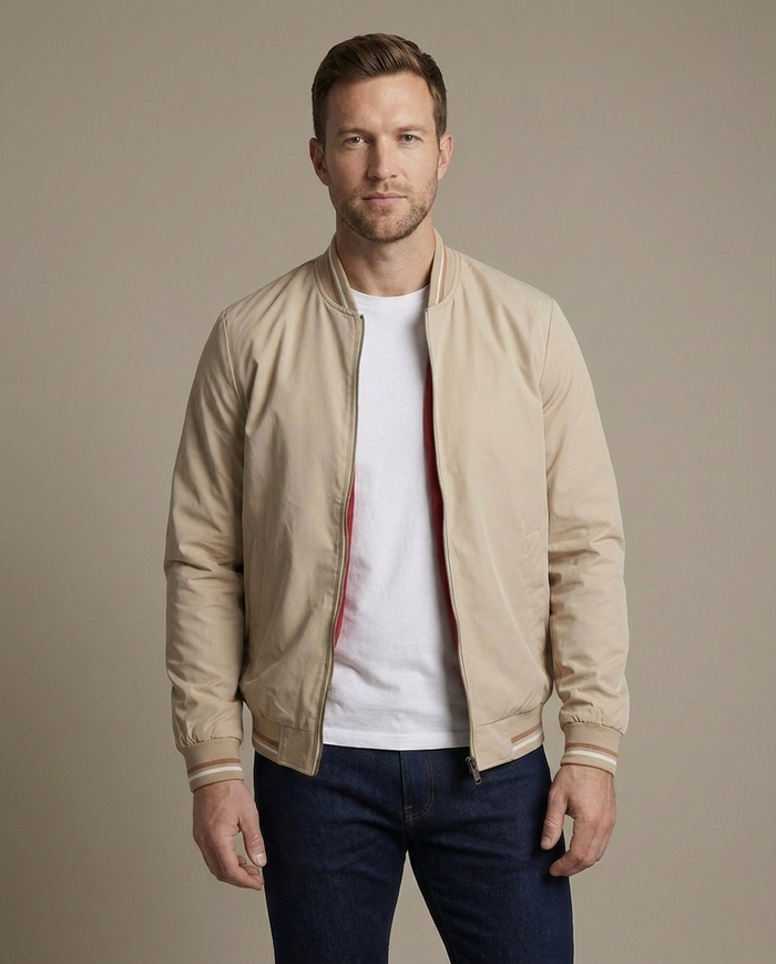 Lightweight nylon bomber jacket in sand beige, worn open over a white t-shirt