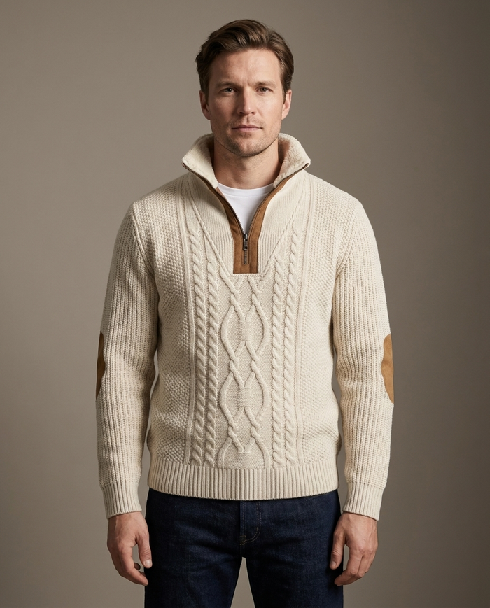 Cream cable-knit pullover with zip collar and suede elbow patches
