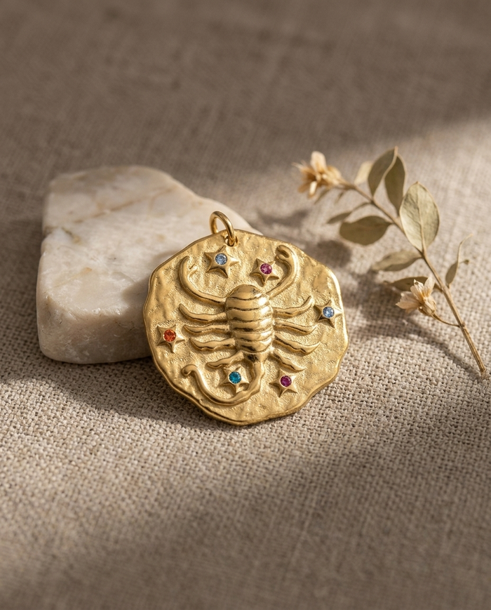 Scorpio zodiac pendant styled on linen with marble