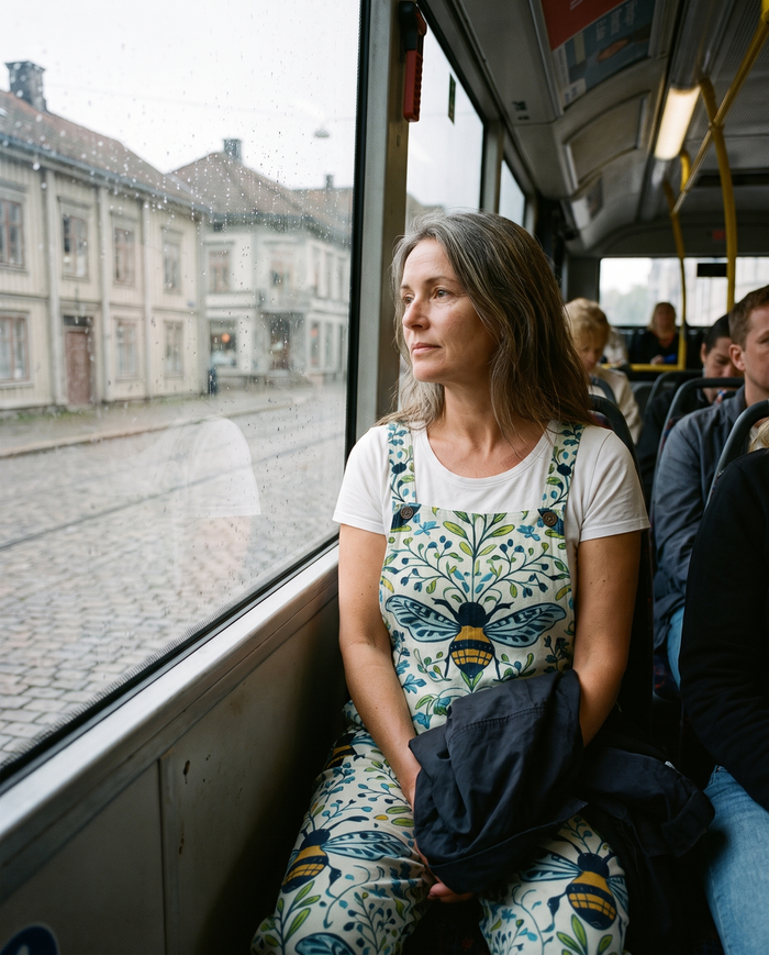 Lotta printed wide-leg jumpsuit worn on a city bus