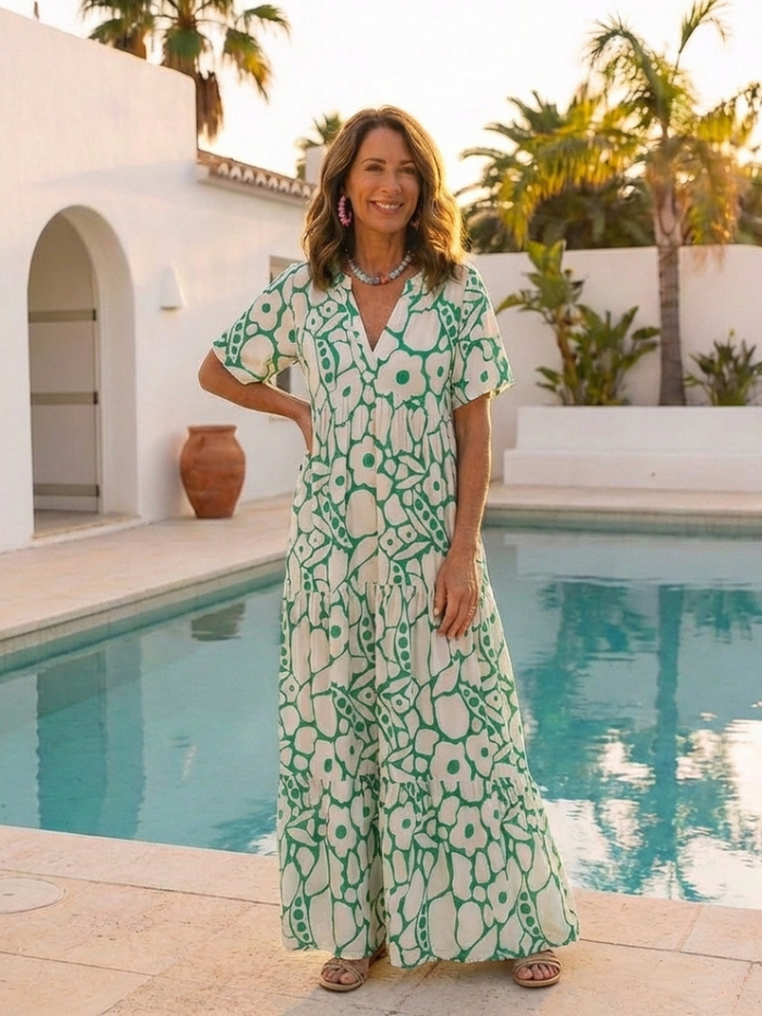 Lucie | Midi Dress with Floral, Short-Sleeve and V-Neck