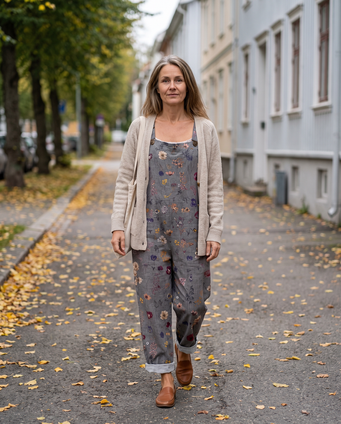 Lumi patterned wide-leg jumpsuit worn on an autumn city street