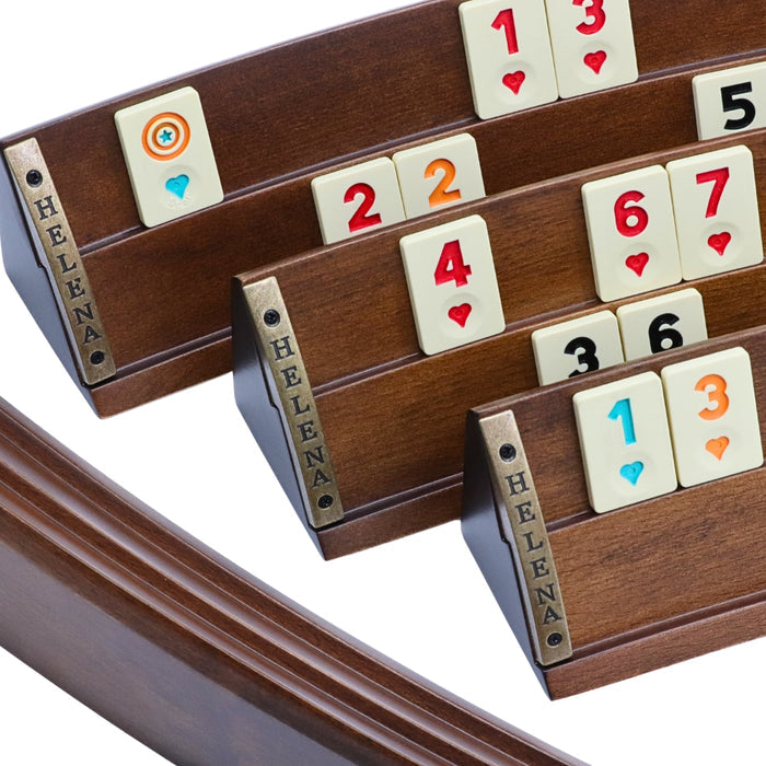 Close-up of luxury Rummikub set showing curvature of solid beech wood racks holding heat-treated melamine tiles by Helena Wood Art