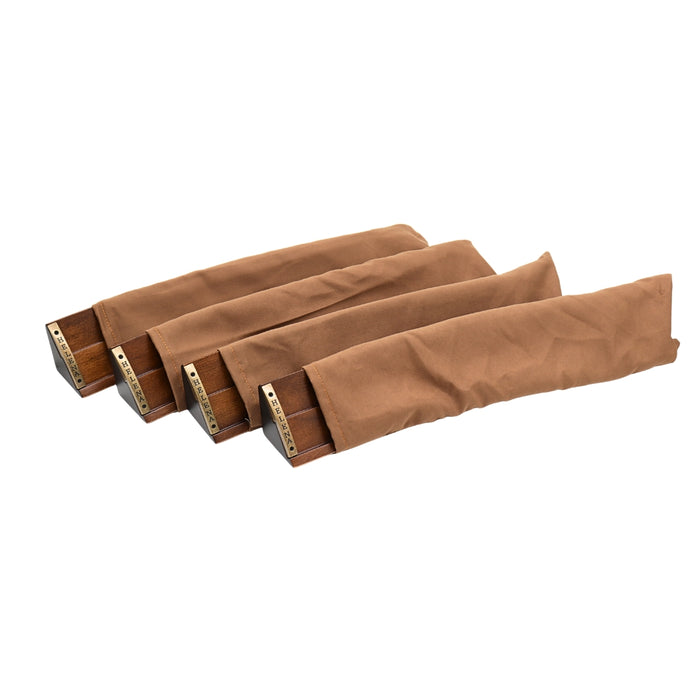 Close-up of luxury Rummikub set showing curved solid beech wood racks in velvet protective pouches by Helena Wood Art