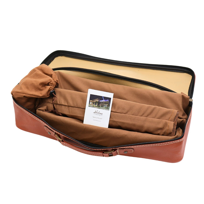 Open faux leather zip bag with carry handle for luxury Rummikub set by Helena Wood Art showing racks and tiles in protective velvet pouches.