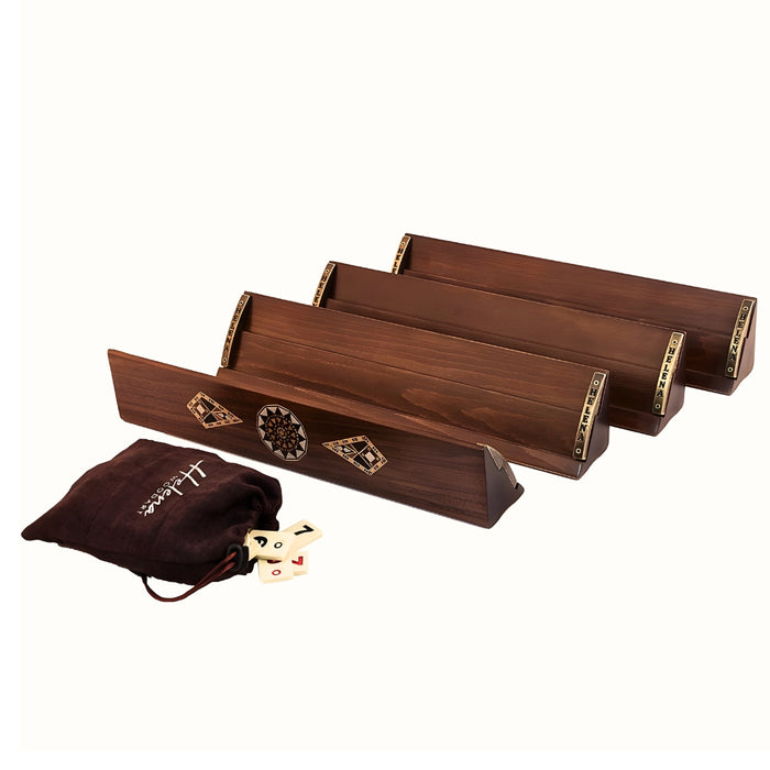 Luxury wooden Rummikub set with 4 straight solid beech racks, geometric mosaic inlay detail and melamine tiles in faux leather carry bag