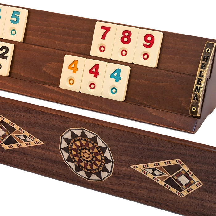 Solid beech wood Rummikub set front and back of racks showing geometric mosaic inlay detail and melamine tiles