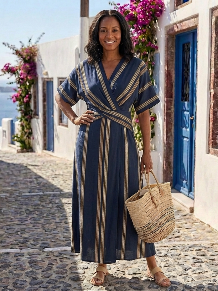 Maelle | Striped with V-Neck and Short-Sleeve Midi Dress