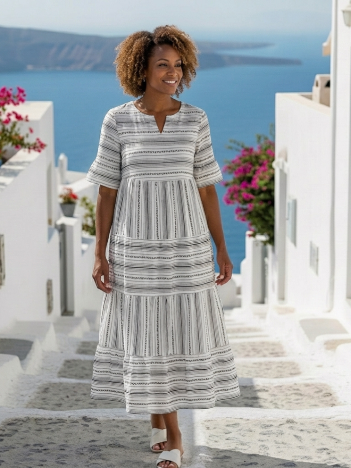 Maelys | Striped with Short-Sleeve Midi Dress