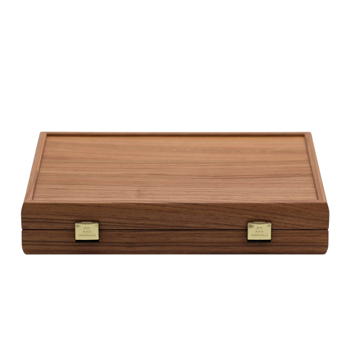 Closed Premium mahjong tile set with walnut replica case viewed from front perspective showcasing case exterior