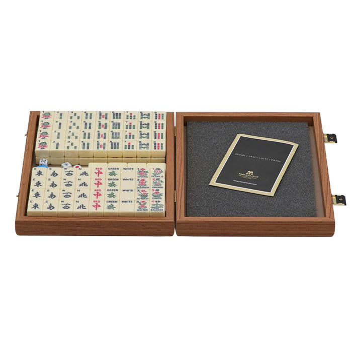 Mahjong tile set stored inside elegant walnut wooden walnut replica case with padding