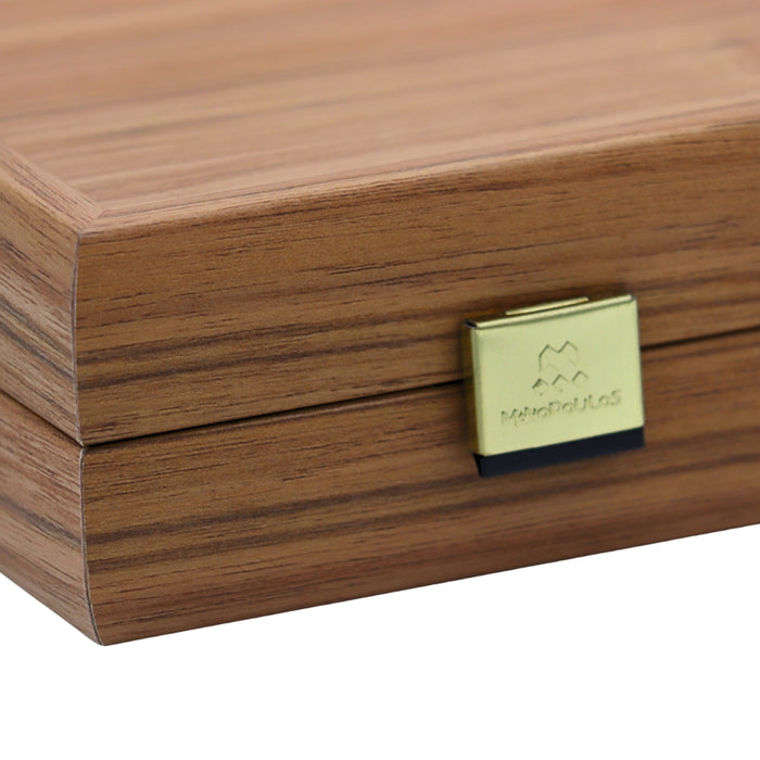 CMahjong tile set stored inside elegant walnut wooden case with close-up of secure closure