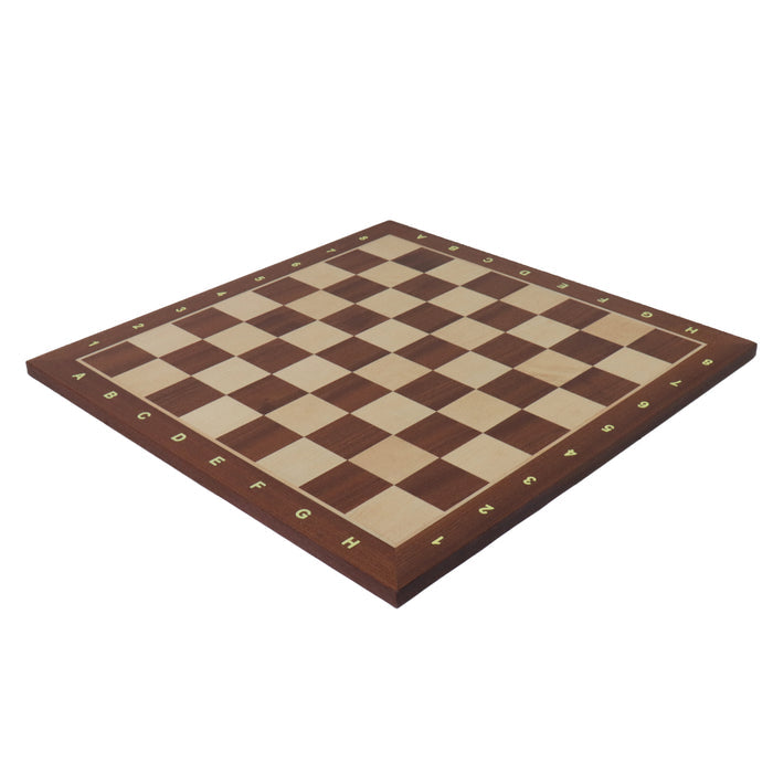 Mahogany and maple chess board 55mm squares with notation angled view