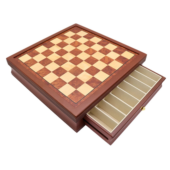 Maple mahogany chess board with drawers 45mm squares with one drawer open showing compartments for piece storage
