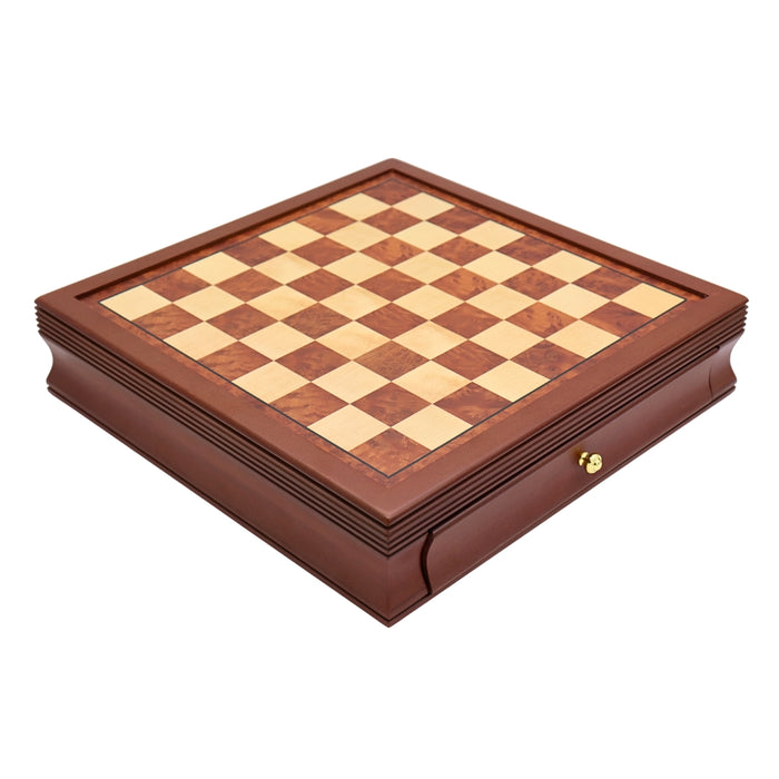Diagonal top view of maple mahogany chess board with drawers 45mm squares