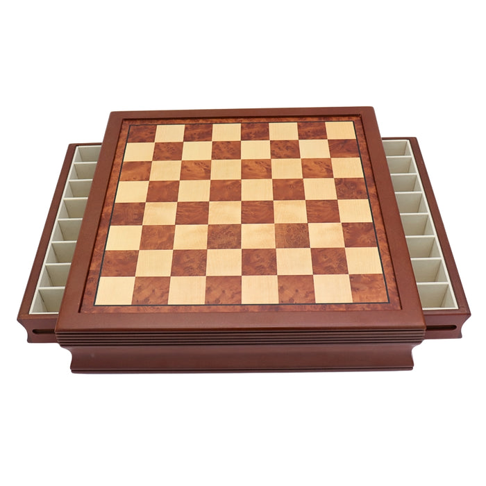 Maple mahogany chess board with drawers 45mm squares with both drawers open showing compartments for piece storage