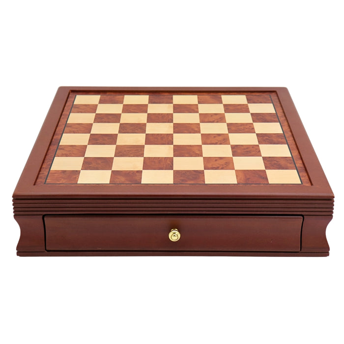 Front top view of maple mahogany chess board with drawers 45mm squares