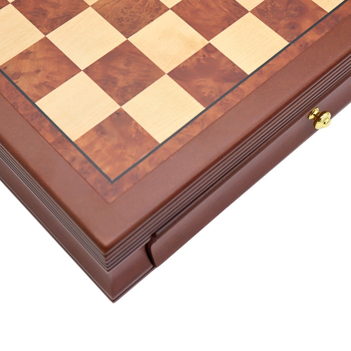 Close-up top view of maple mahogany chess board with drawers 45mm squares showing playing surface