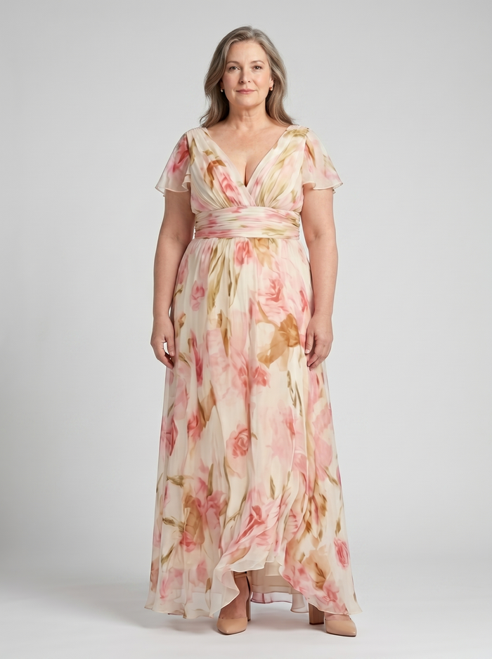 Margaux | Floral Short-Sleeve and V-Neck Maxi Dress