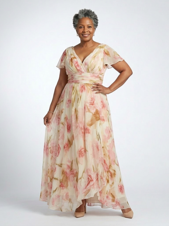 Margaux | Floral Short-Sleeve and V-Neck Maxi Dress