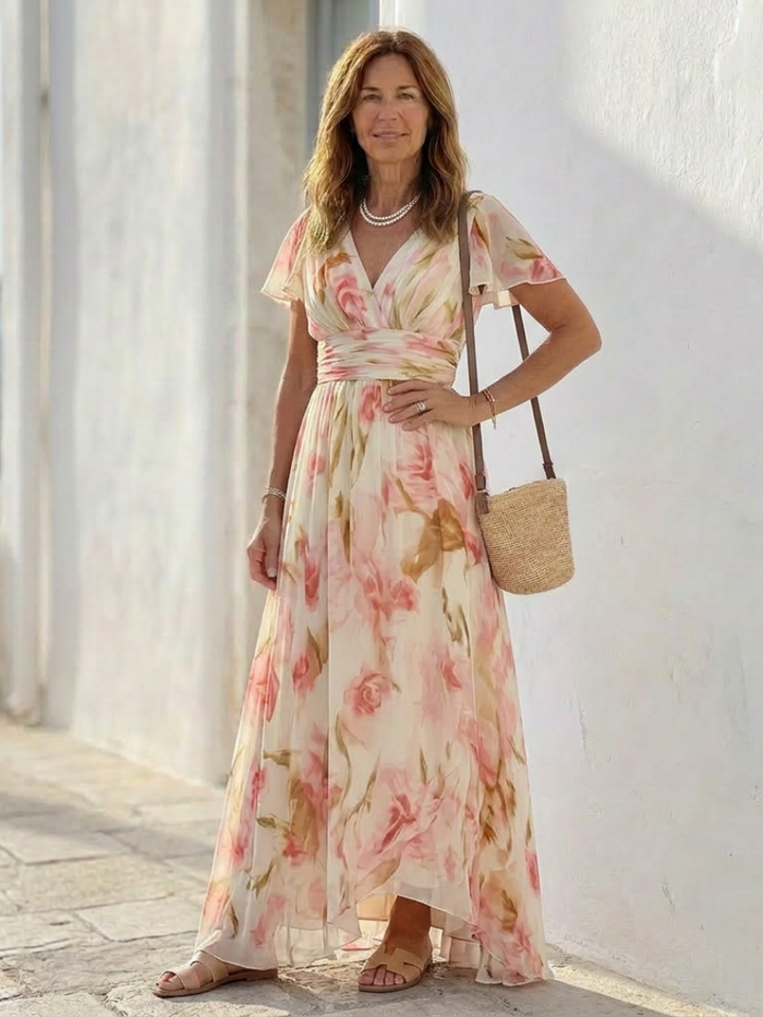 Margaux | Floral Short-Sleeve and V-Neck Maxi Dress