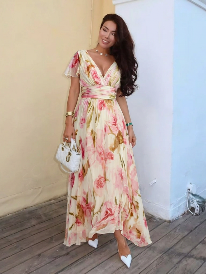 Margaux | Floral Short-Sleeve and V-Neck Maxi Dress