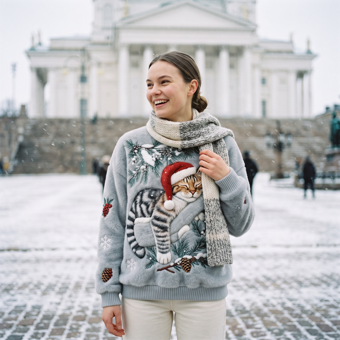 Maria festive jumper in Senate Square Helsinki snowfall