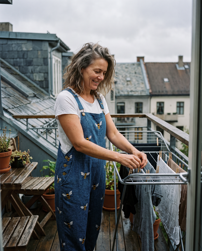 Marika patterned wide-leg jumpsuit worn on a balcony
