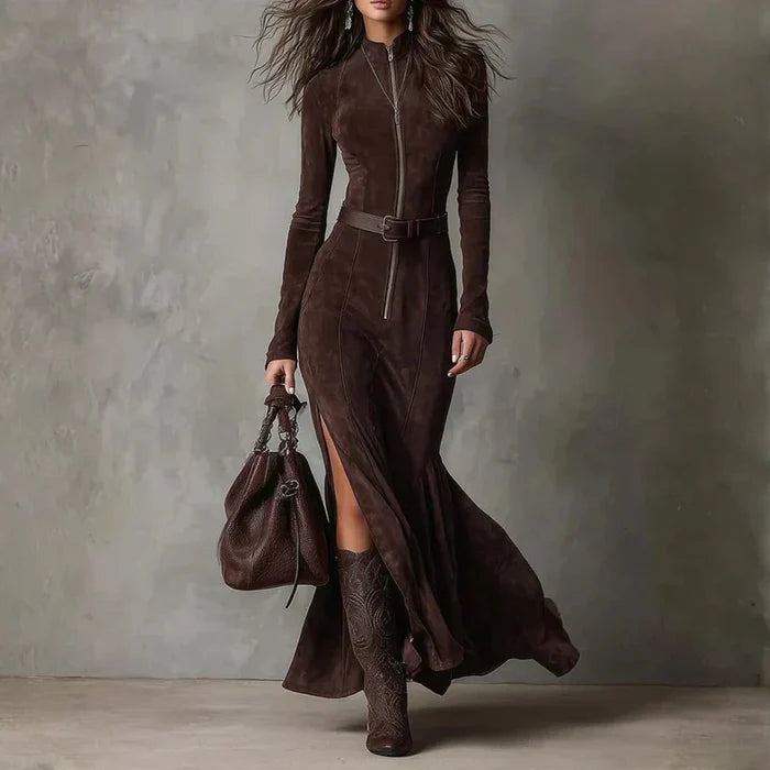 Marisol | Suede Belted and Slit Maxi Dress