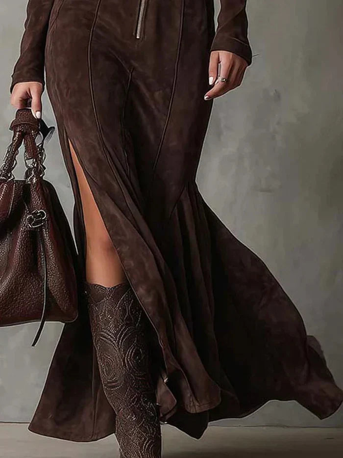 Marisol | Suede Belted and Slit Maxi Dress