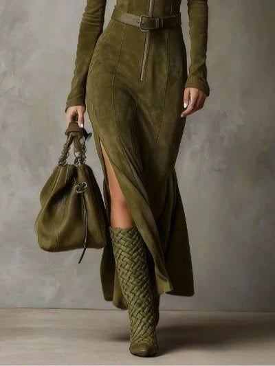 Marisol | Suede Belted and Slit Maxi Dress