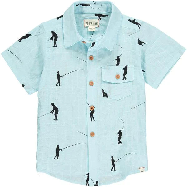 Me and Henry| Blue w/charcoal fisherman print short sleeved shirt