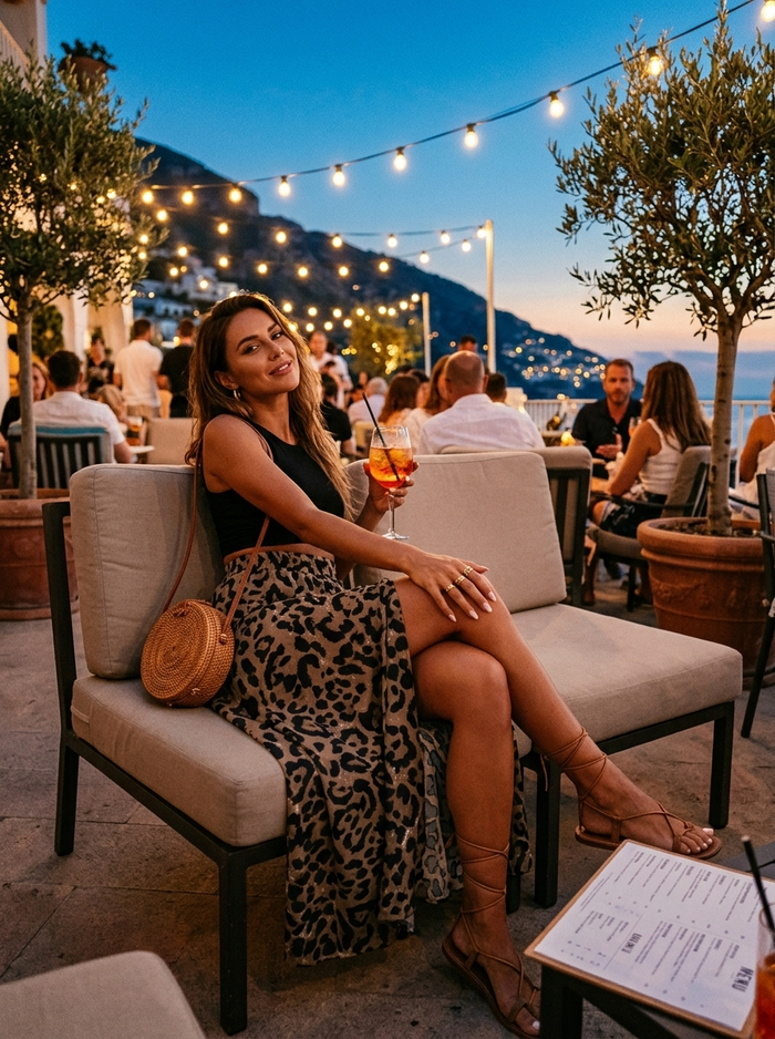 Midi Skirt Leopard - terrace bar evening lifestyle mood