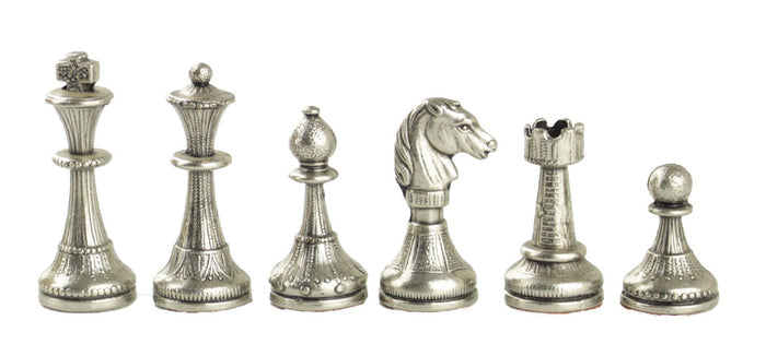 Mignon Metal Chess Pieces: Silver King, Queen, Bishop, Knight, Rook and Pawn
