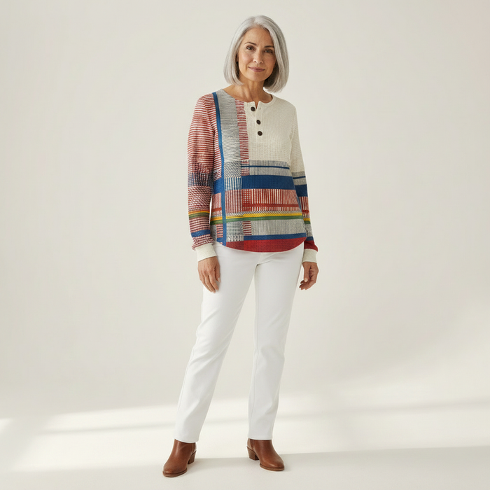 Milja - Stripe Patchwork Waffle Henley