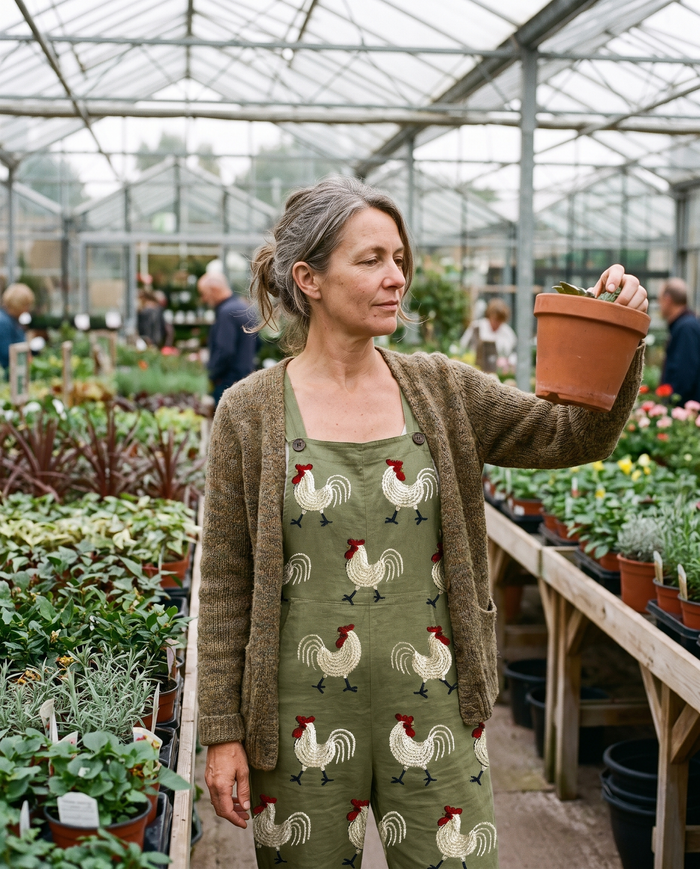 Milja printed wide-leg jumpsuit worn at a garden centre
