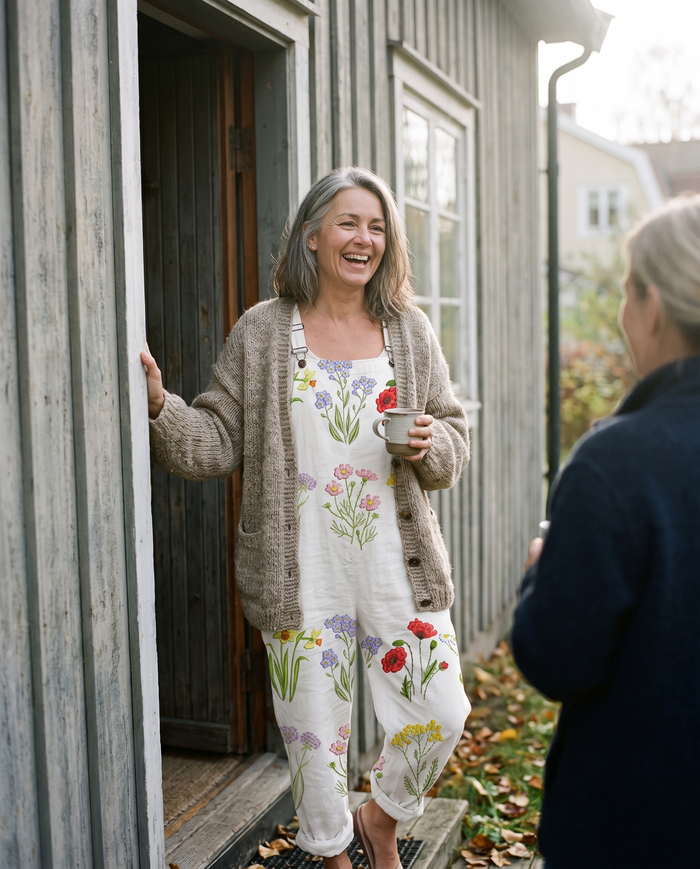 Minttu printed wide-leg jumpsuit worn in a doorway