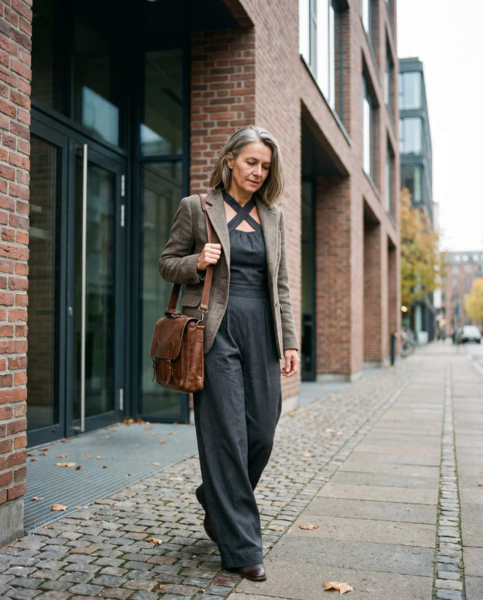 Mirella pinstripe halter jumpsuit worn leaving the office