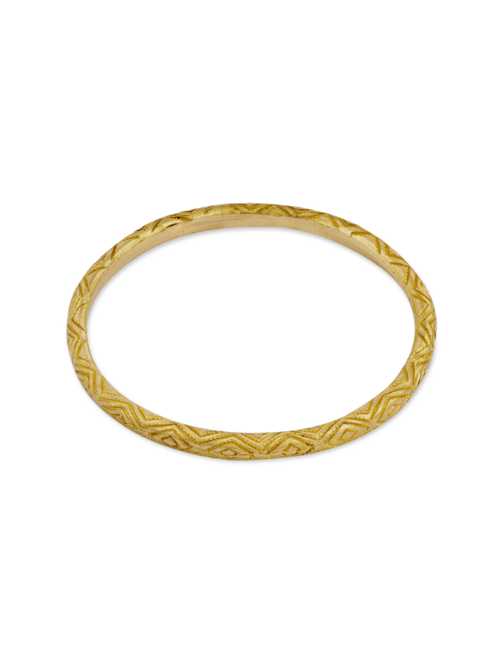 Gold bracelet with intricate design on a white background